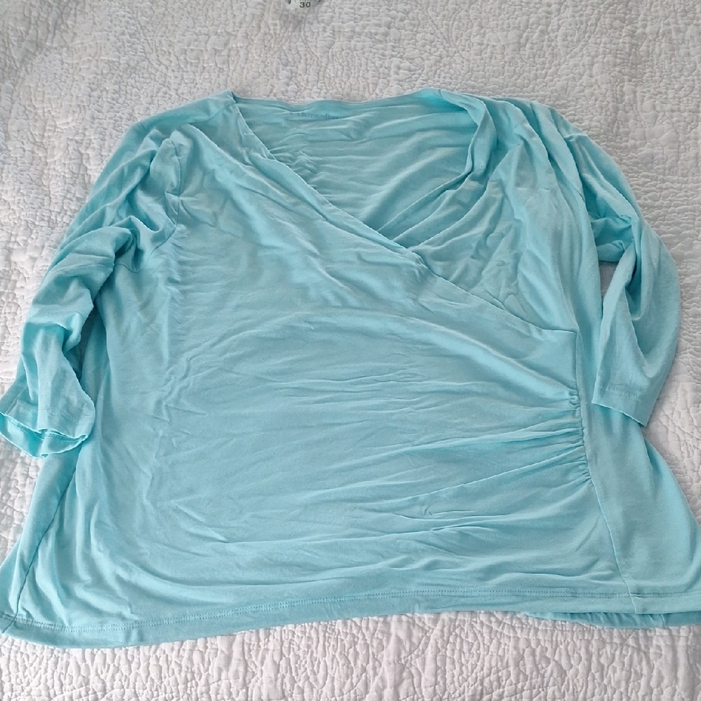 Soft Surroundings 2x Faux Wrap Shirt Blouse Top Mint Blue Green